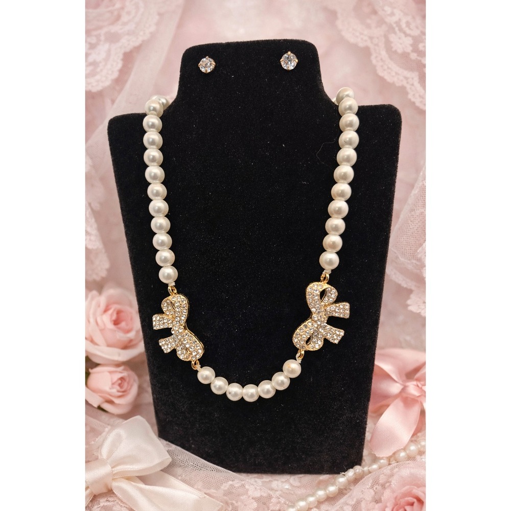 Sugarfix Pearl Bow Necklace 19" Coquette Balletcore Rhinestone Feminine + Studs